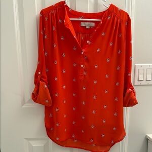 LOFT Orange and White Cuffed Sleeve Blouse